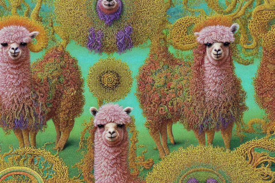 Pink llamas with golden details on turquoise background: A whimsical pattern blending fantasy and kitsch