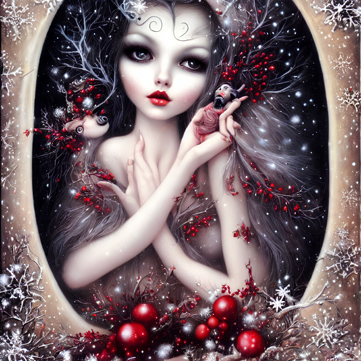 Pale woman with black hair in winter setting with red berries, snowflakes, and surreal creature