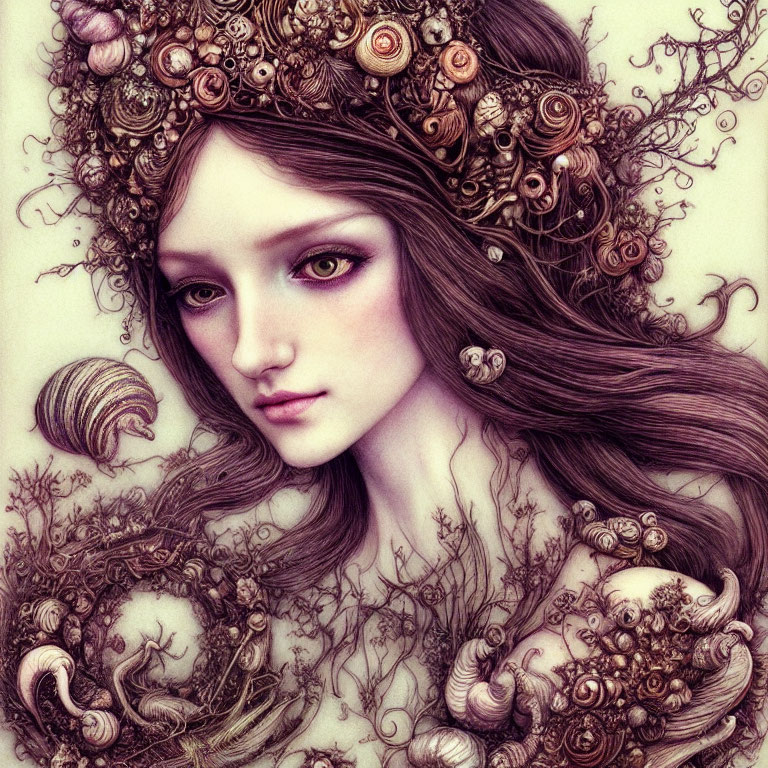 Detailed sepia-toned illustration of woman with intricate sea creature and botanical hair motifs