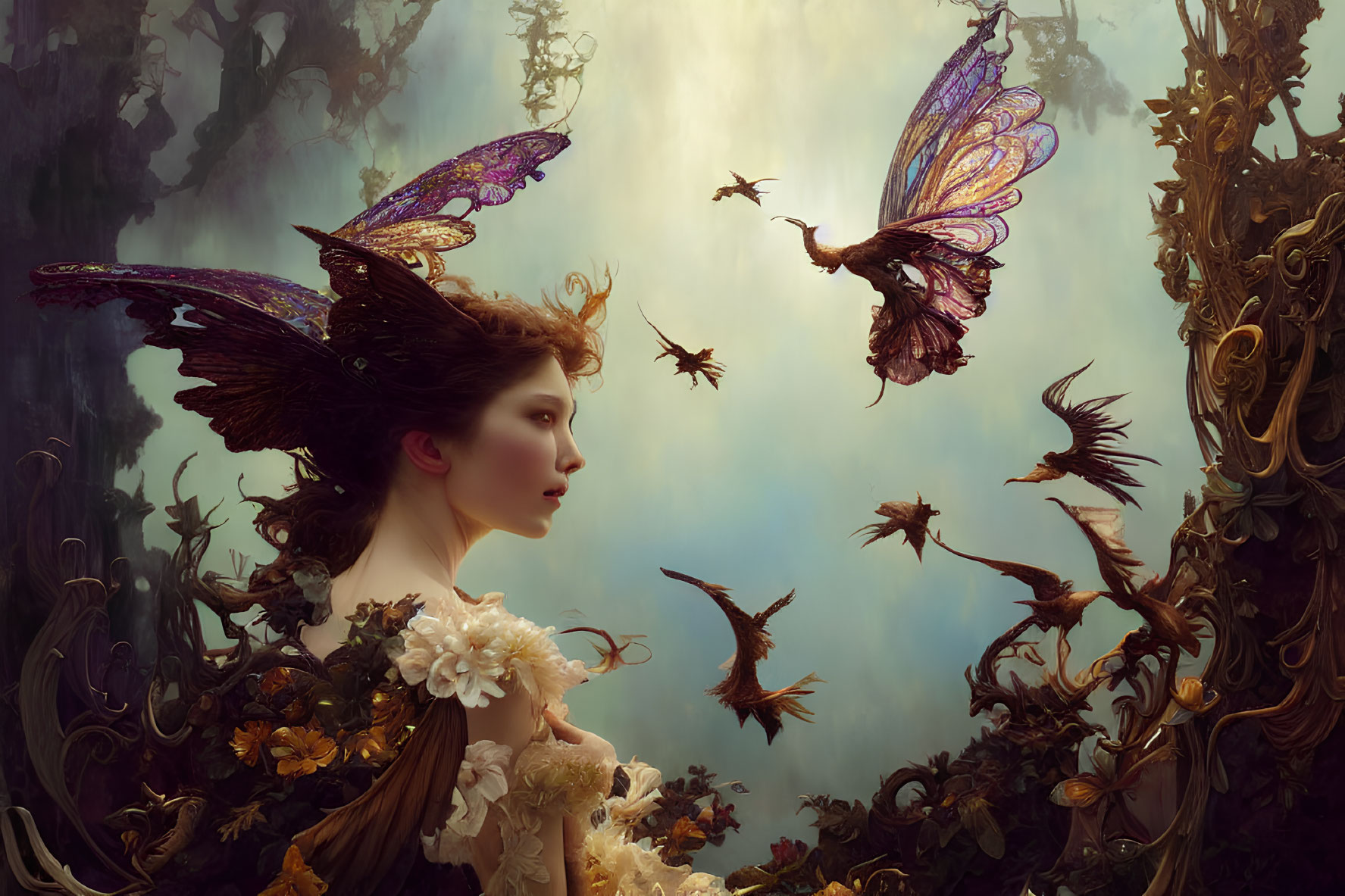 Fantasy scene: Woman with butterfly wings in mystical forest setting