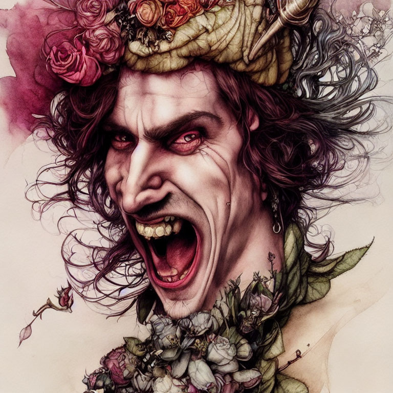 Angry vampire with fangs in rose and thorn wreath, dark fantasy style