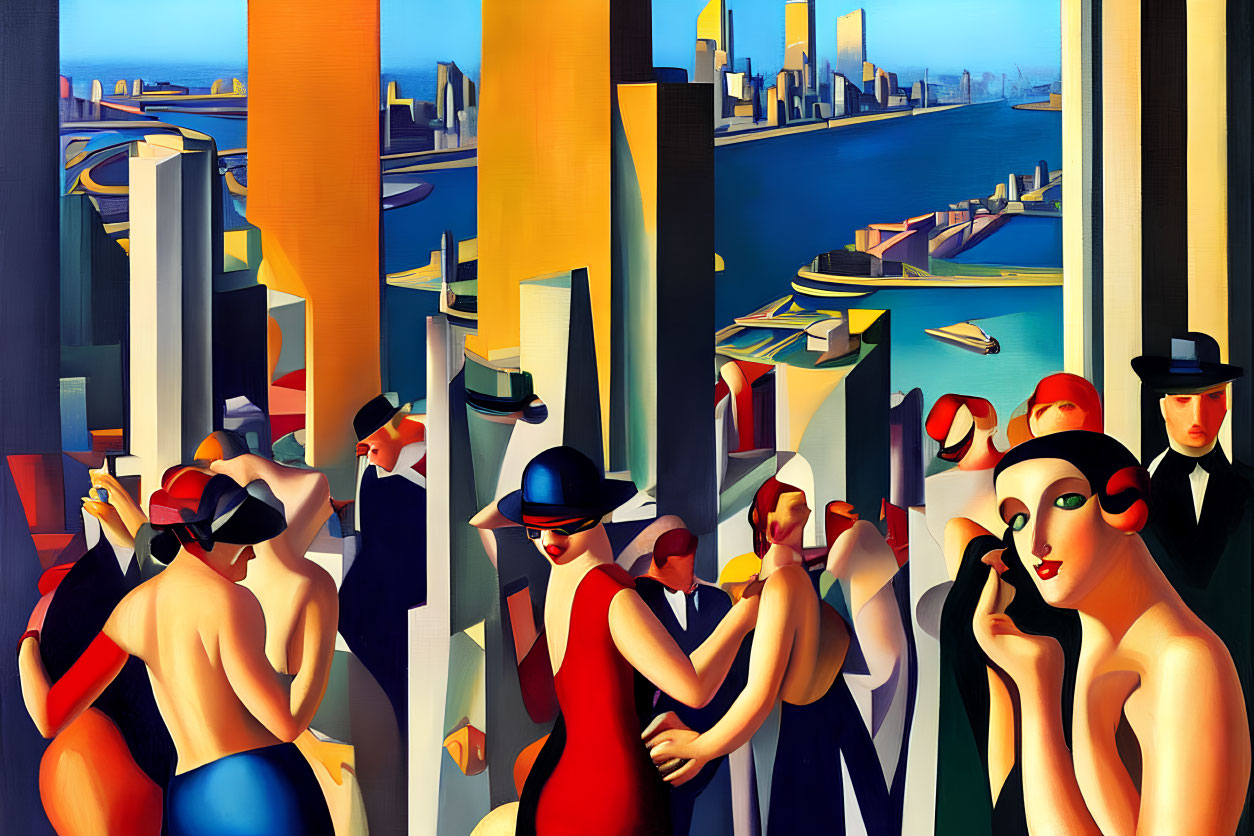 Vibrant artwork featuring elegantly dressed figures and stylized cityscape.