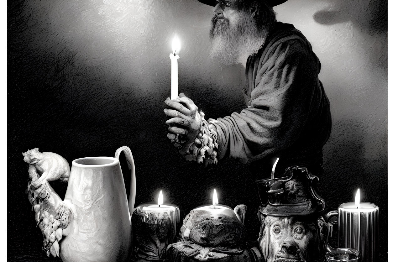 Bearded man holding a candle in dark room with candles and pottery.