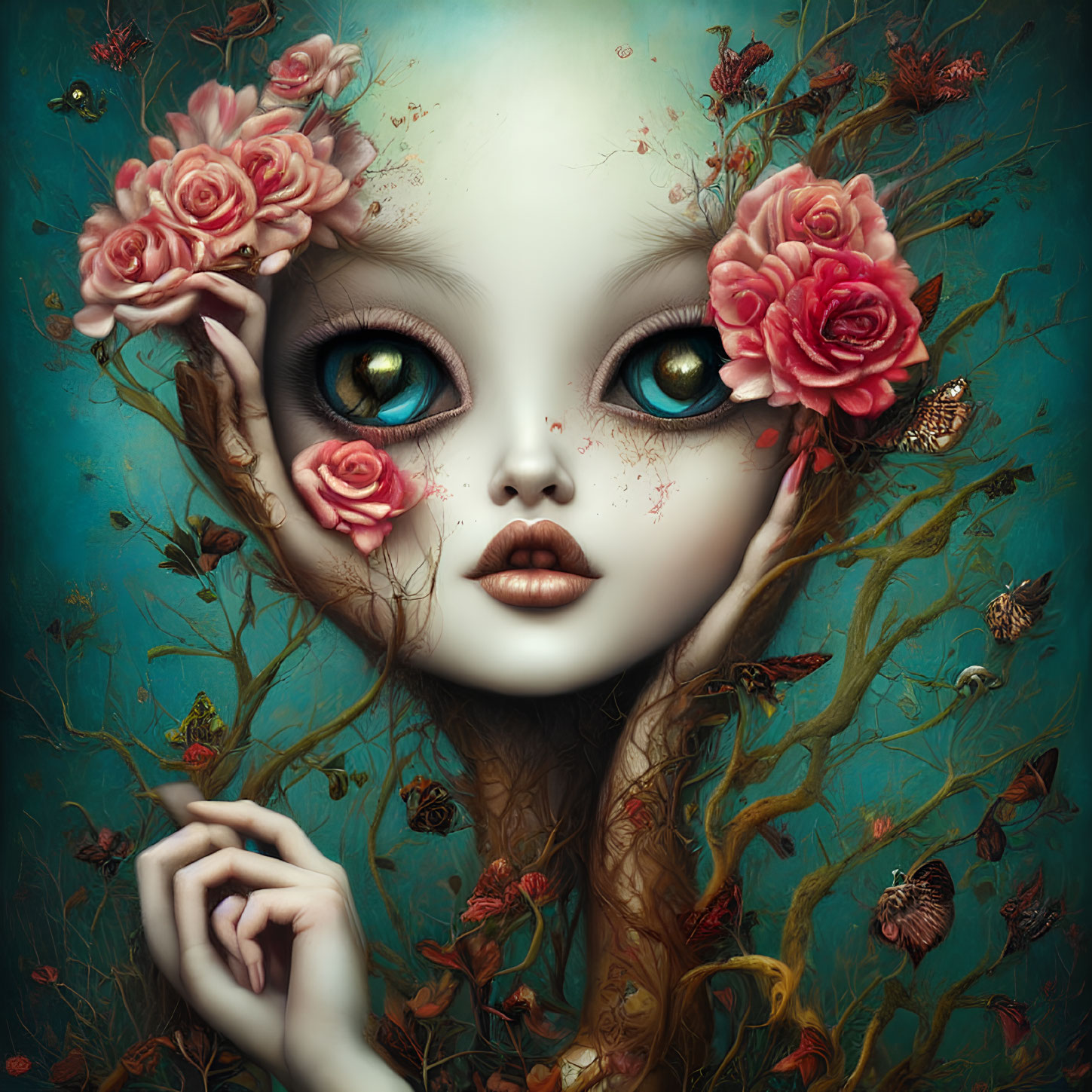 Surreal portrait with oversized head, tree branch limbs, large eyes, roses, and butterflies on