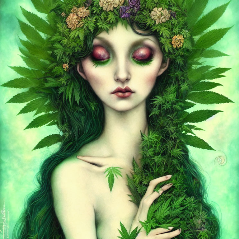 Woman with Green Leafy Hair and Floral Adornments in Nature-Inspired Art