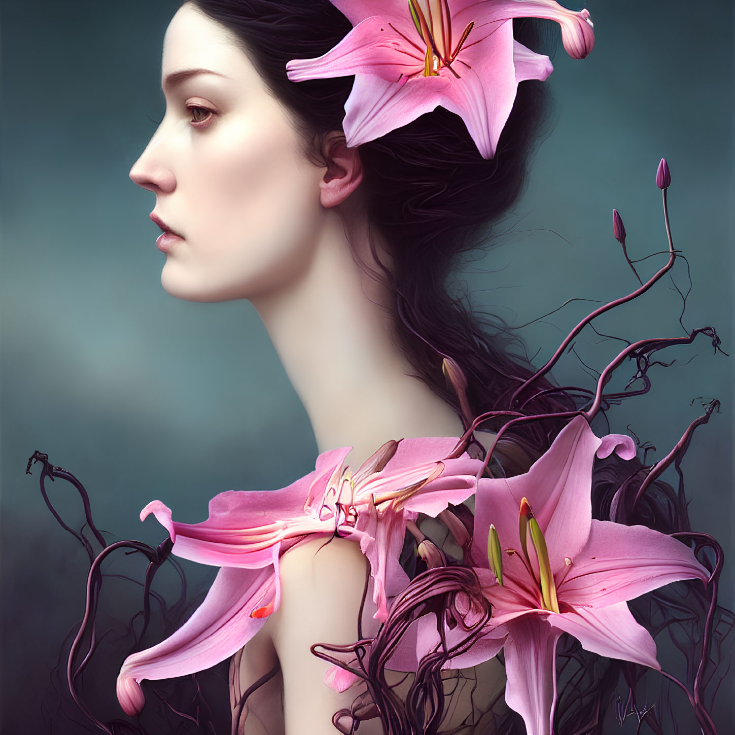 Woman with Dark Hair and Pink Lilies on Teal Background