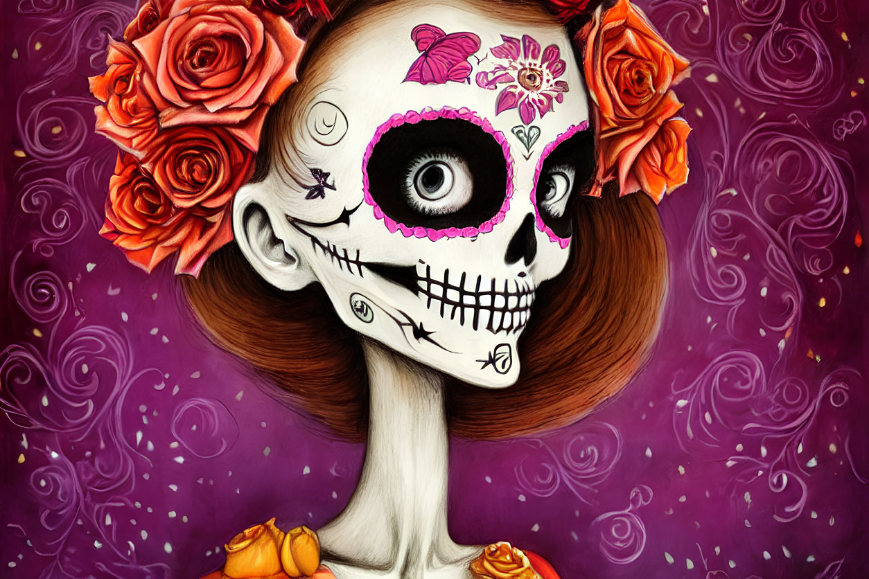 Colorful Day of the Dead skull with roses and face paint