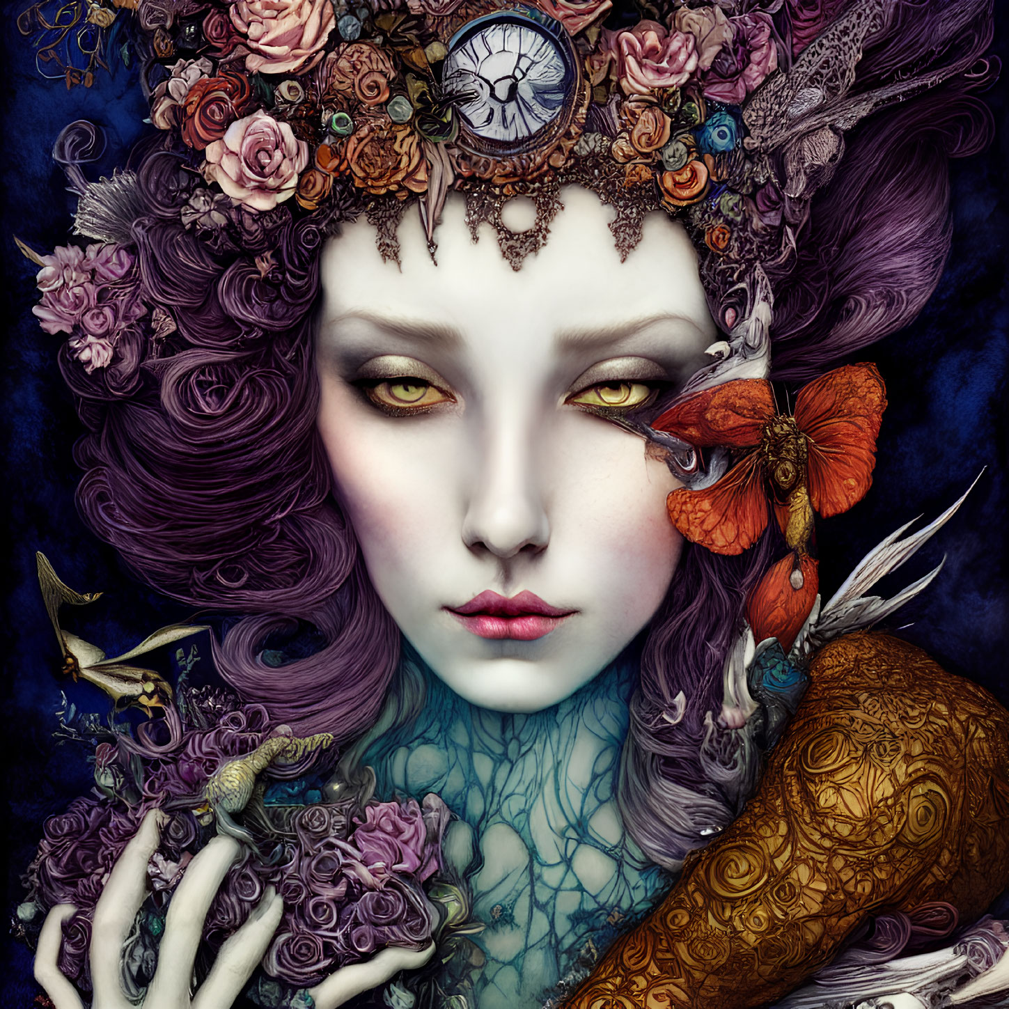 Fantasy female portrait with violet hair, clockwork headpiece, dragon figurine, and butterfly.