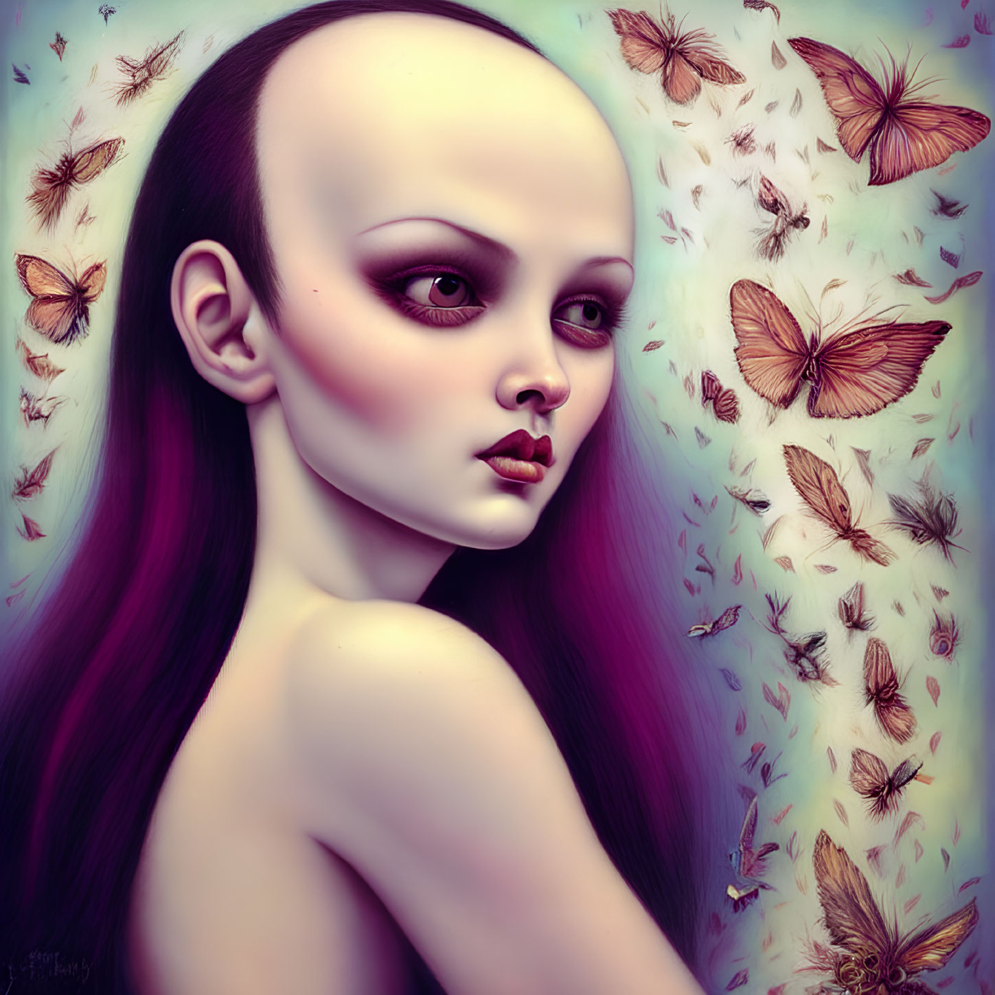 Bald female figure with purple hair and butterflies in artistic portrait