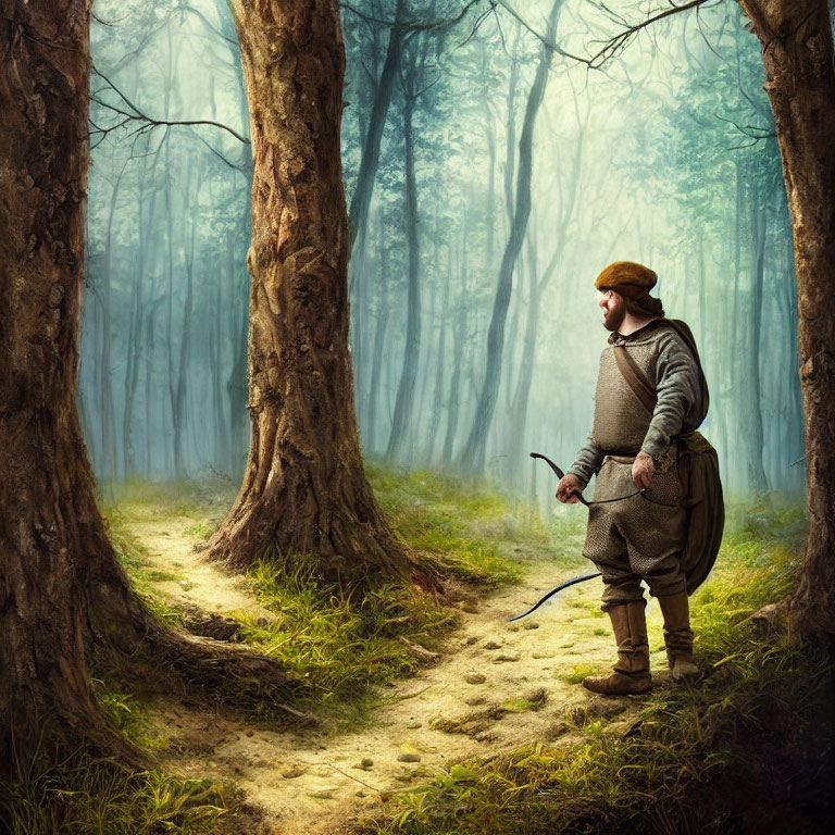 Historical figure on misty forest path with curved object