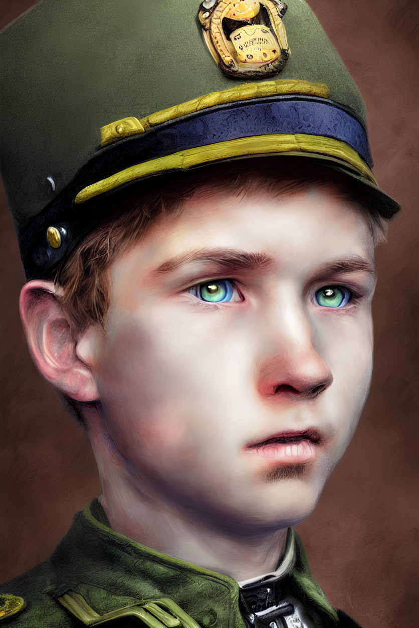 Detailed digital portrait of a young man in military-style cap with blue eyes