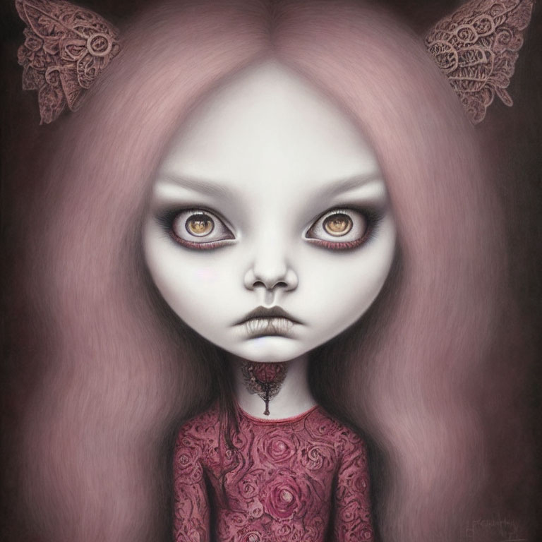 Illustration: Girl with haunting eyes, pale skin, lilac hair, rose-patterned dress,