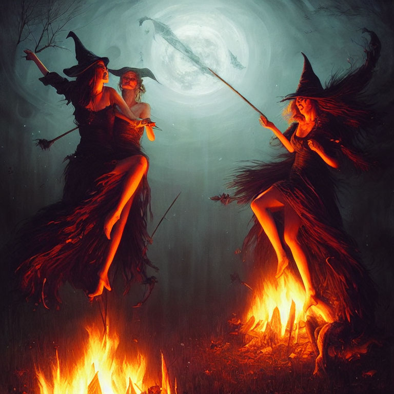 Witches performing ritual under full moon with magical staff