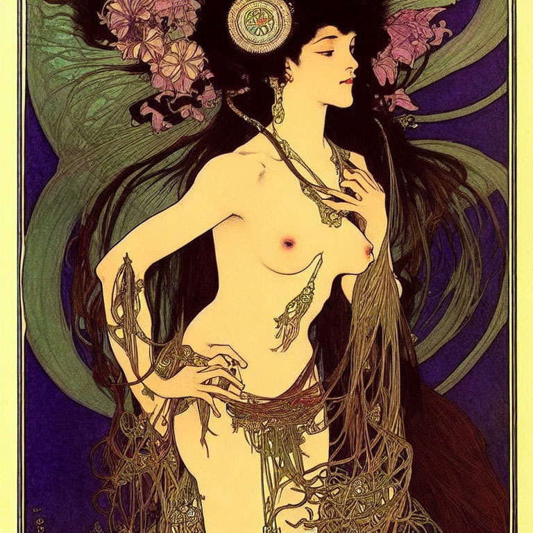 Art Nouveau Semi-Nude Woman with Dark Hair and Floral Patterns