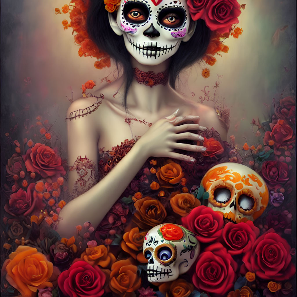 Day of the Dead makeup with vibrant roses and skulls portrait