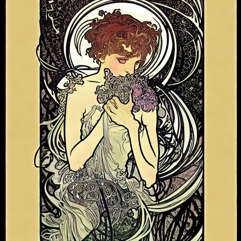 Woman with flowing hair and bouquet in Art Nouveau style illustration