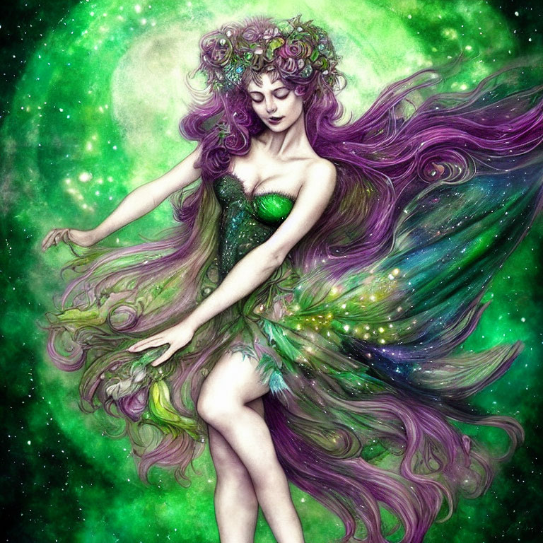 Purple-haired fairy in green dress with wings and flowers in mystical setting