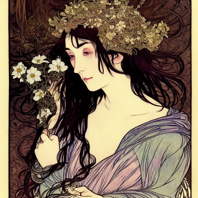 Woman in Art Nouveau style with floral crown and white flowers on yellow background