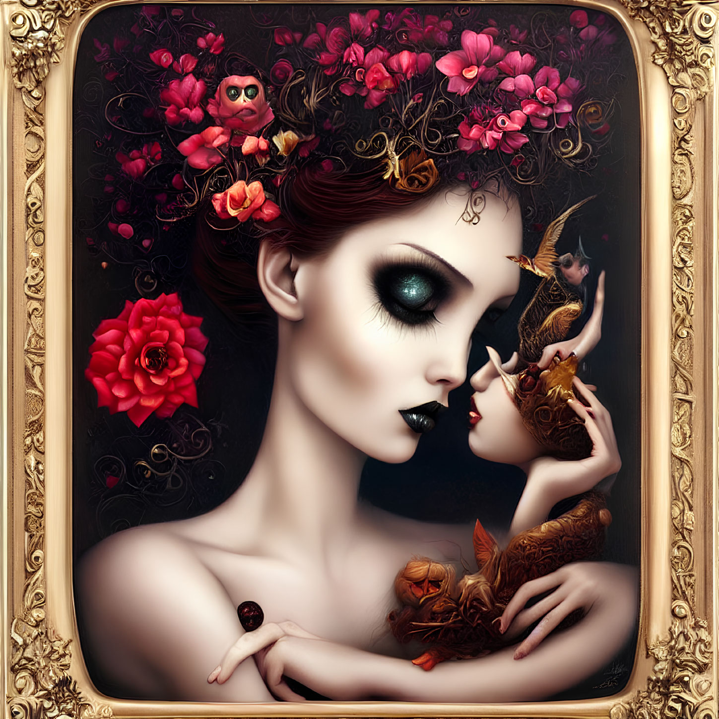 Colorful floral surreal portrait with tiny figures in baroque-style frame