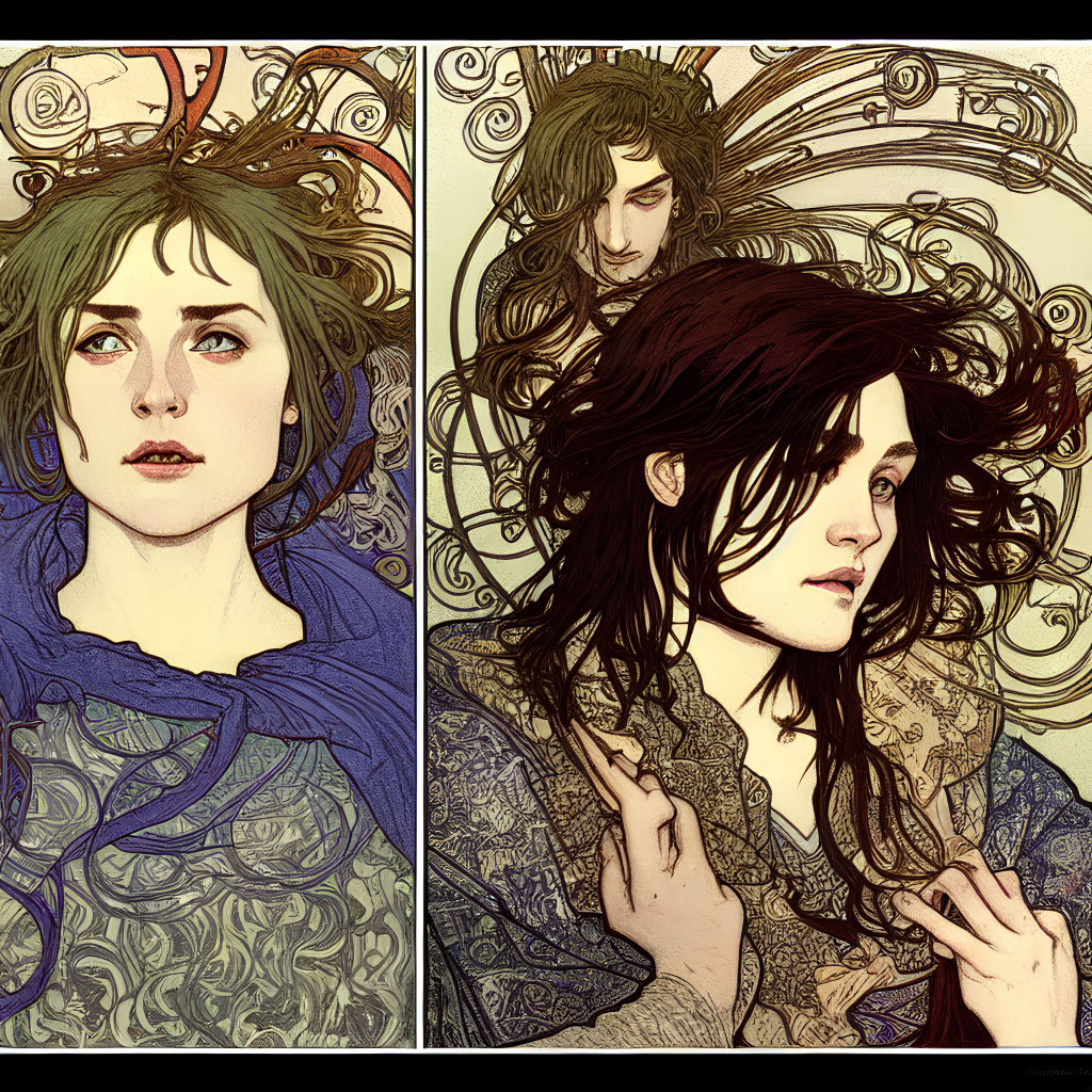 Detailed illustrations of individuals with expressive eyes and swirling hair in intricate patterns and earthy colors.