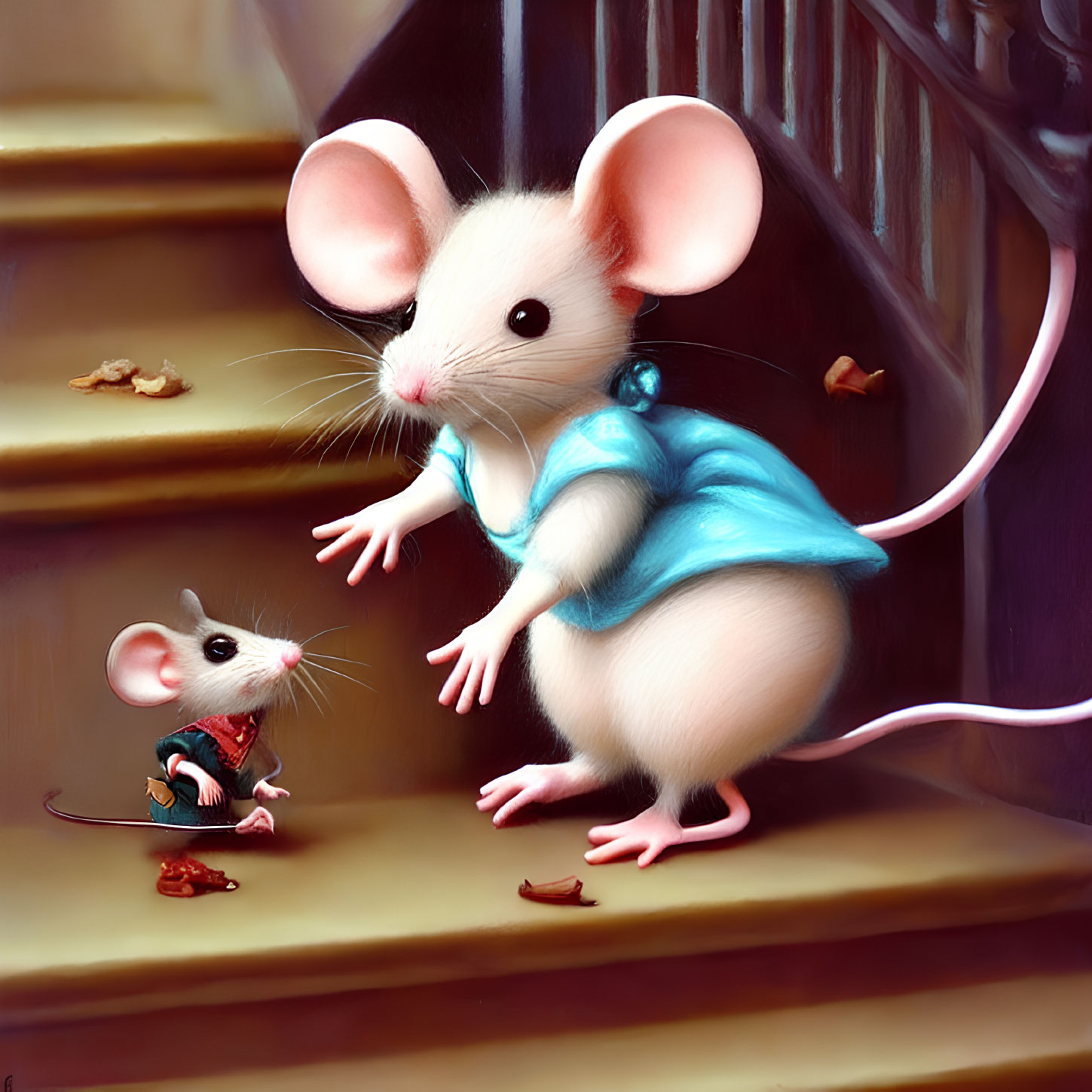 Whimsical anthropomorphic mice illustration with sword on stairs