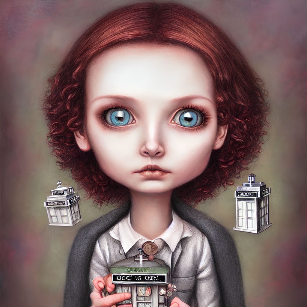 Stylized portrait of a girl with large eyes and red hair holding a cross, with floating police