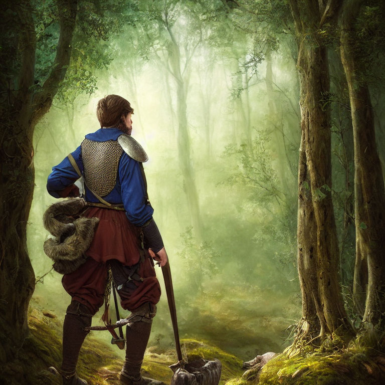 Medieval knight in blue tunic and chainmail in misty forest with battle-axe.