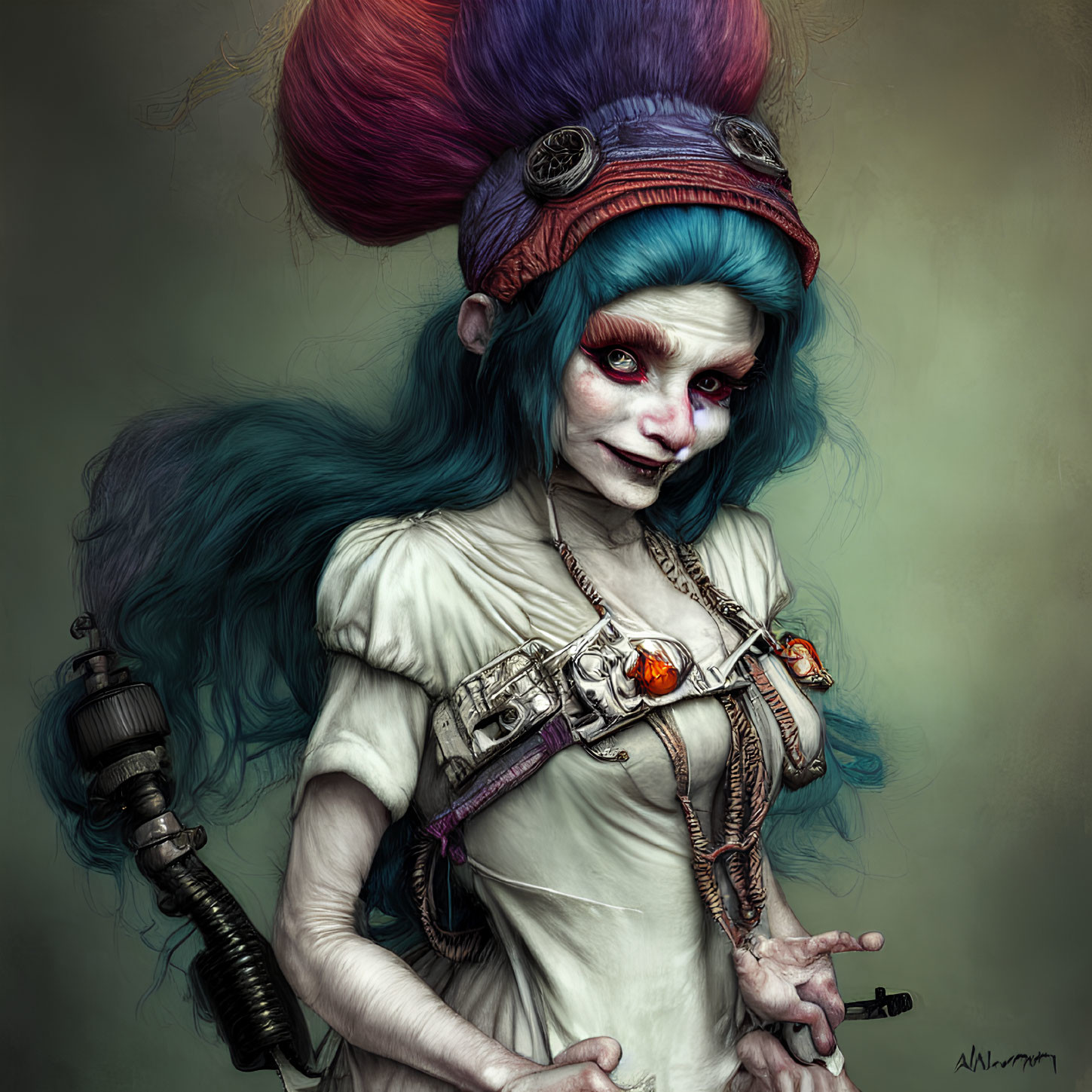 Blue-skinned female character with vibrant hair in steampunk attire and mechanical arm.