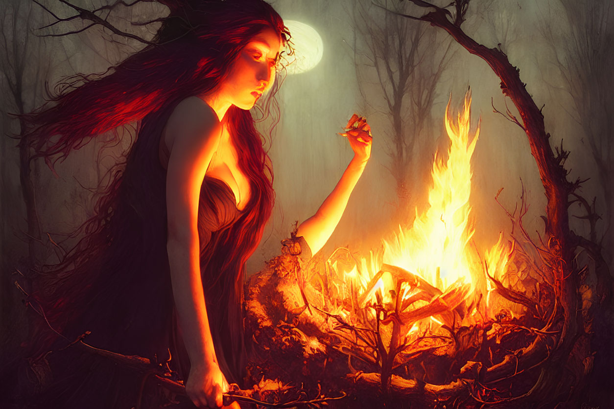 Red-haired woman in mystical forest at night with fire and moon.