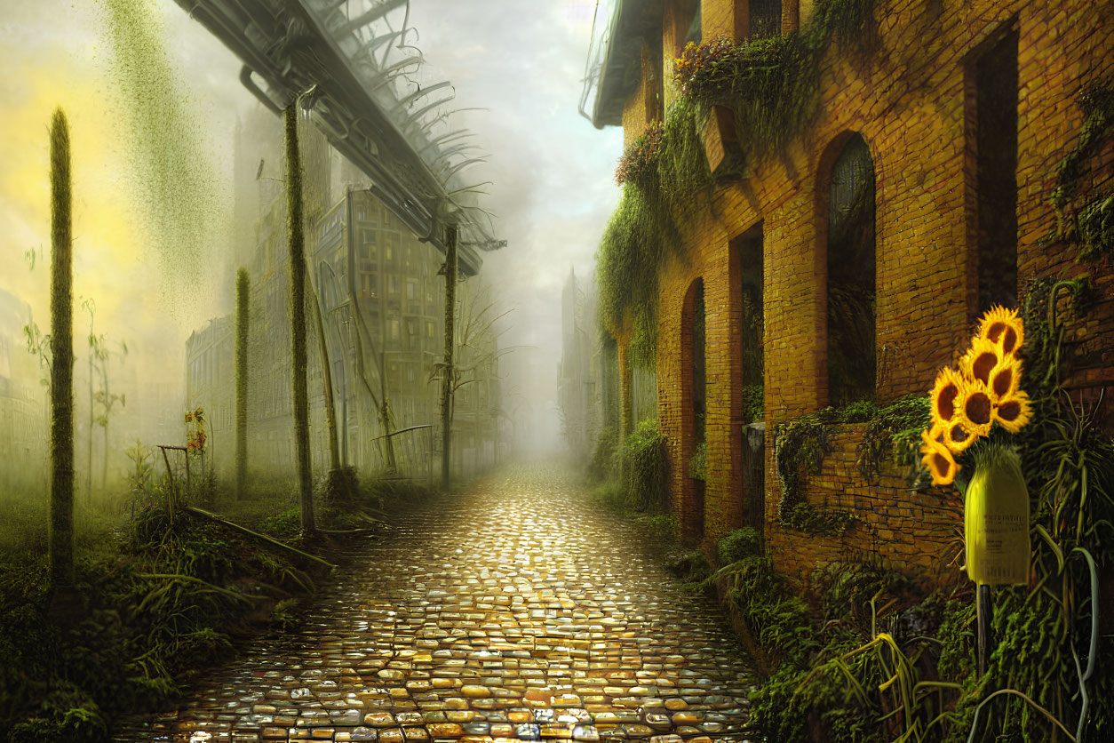 Overgrown cobblestone street with sunflowers and misty backdrop