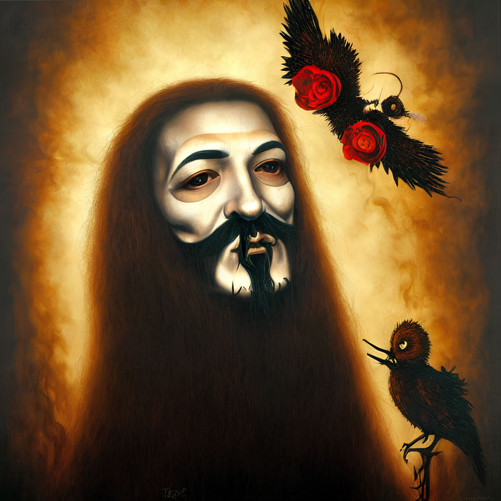 Surreal painting of bearded figure with white mask, bird, roses, and chick