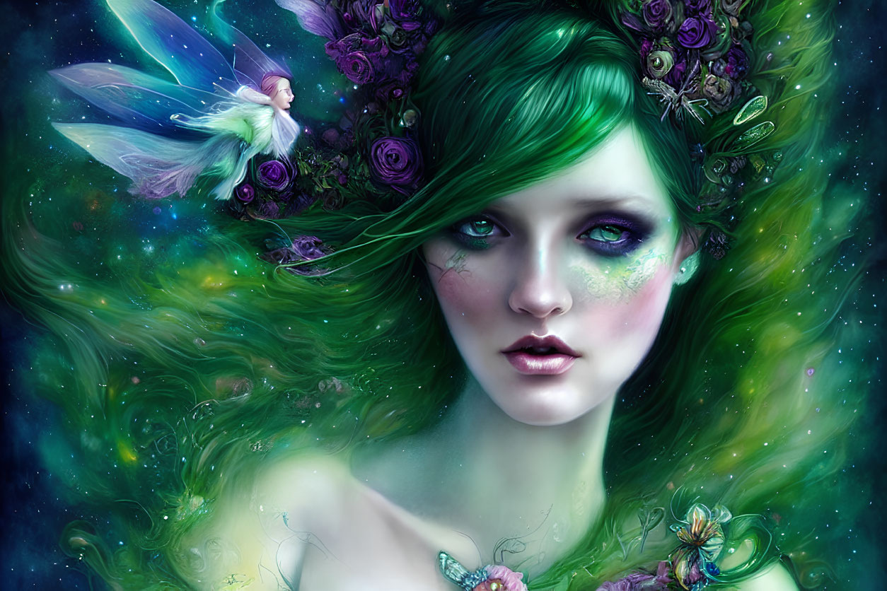 Fantasy portrait featuring woman with green hair, purple flowers, sparkling makeup, and winged fairy.