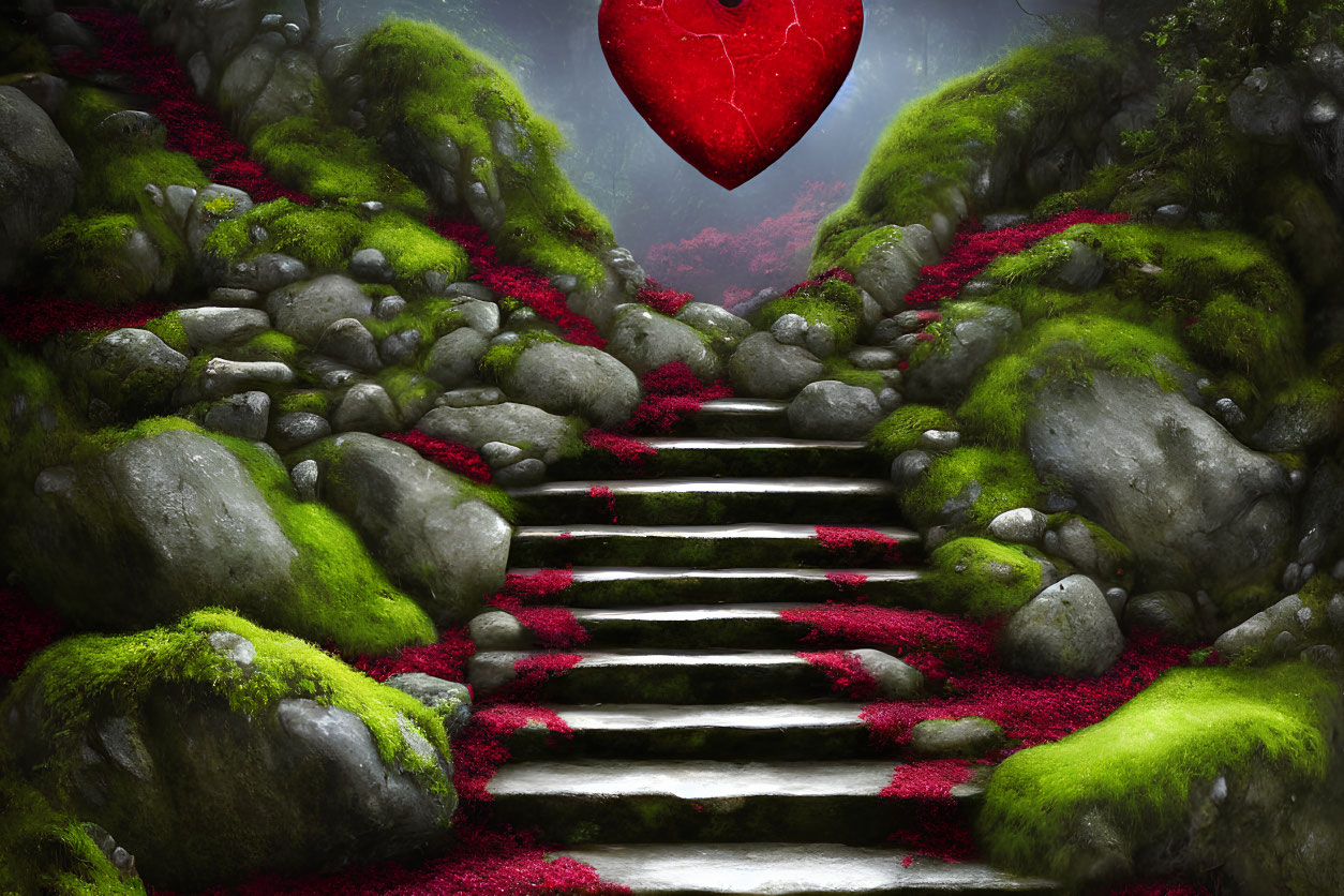 Moss-covered rocks and red foliage staircase in misty forest with glowing heart