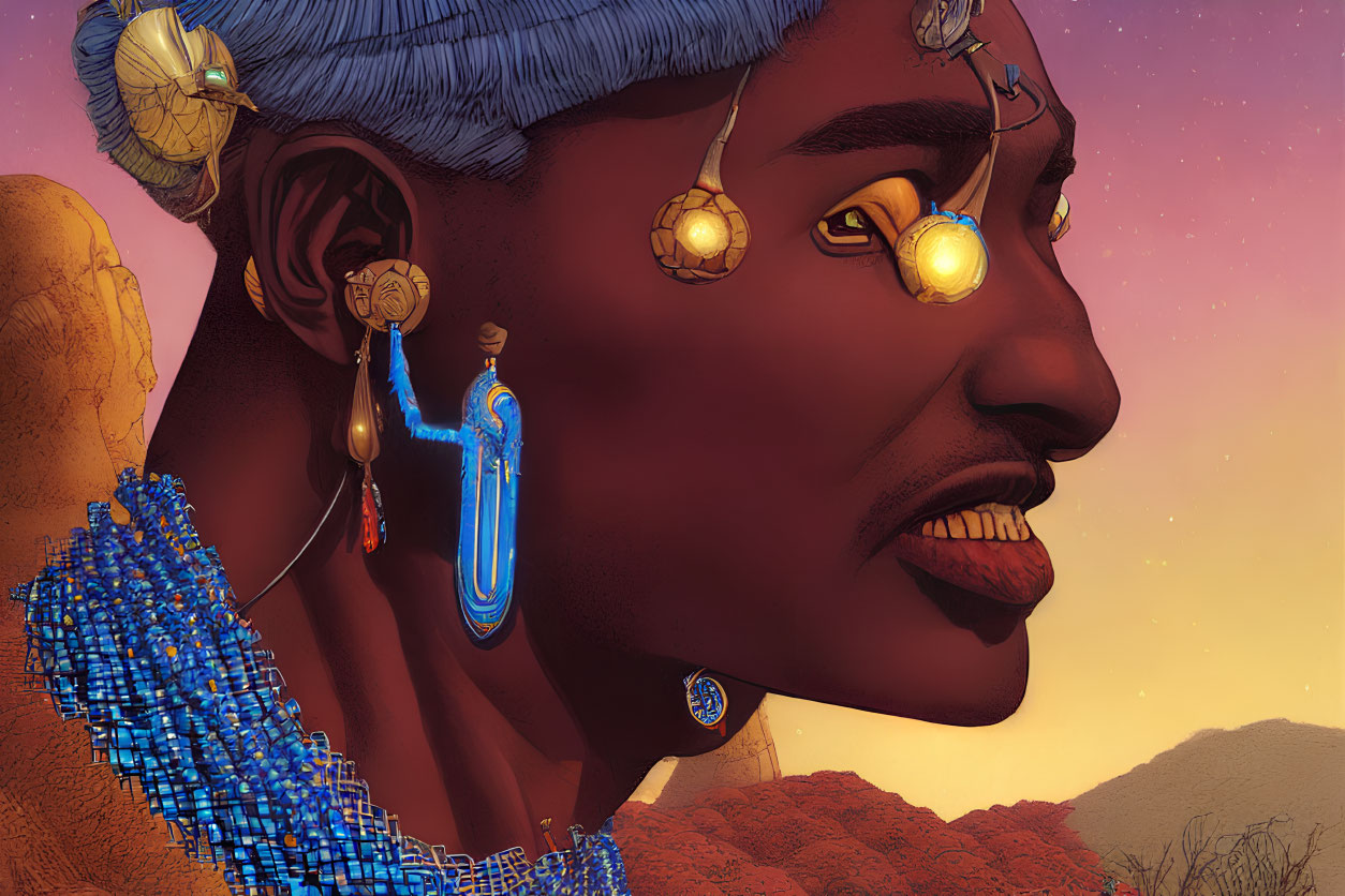 Person adorned in gold and blue jewelry in desert sunset scene