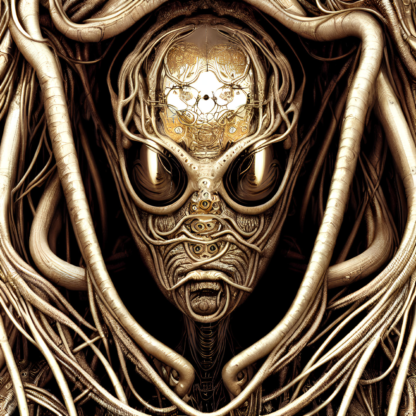 Intricate surreal golden mask entwined in bronze-like roots