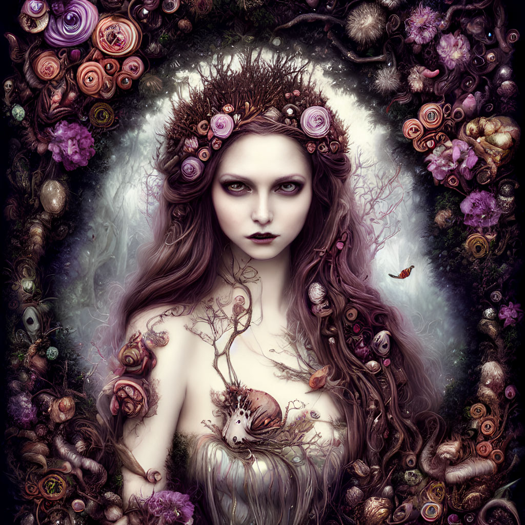 Fantasy portrait: Woman with purple eyes, rose and twig crown, surrounded by whimsical flora and