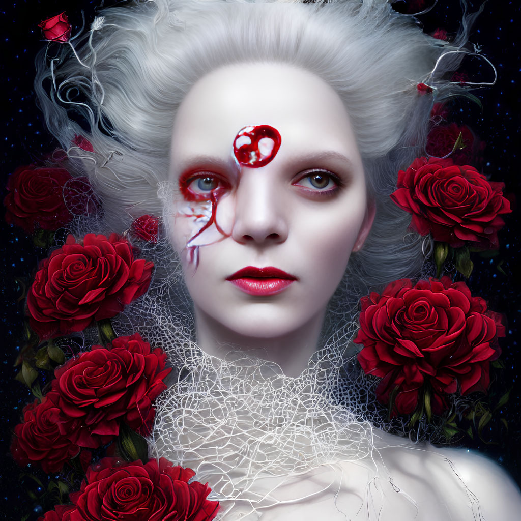 White-Haired Woman with Third Eye Surrounded by Red Roses