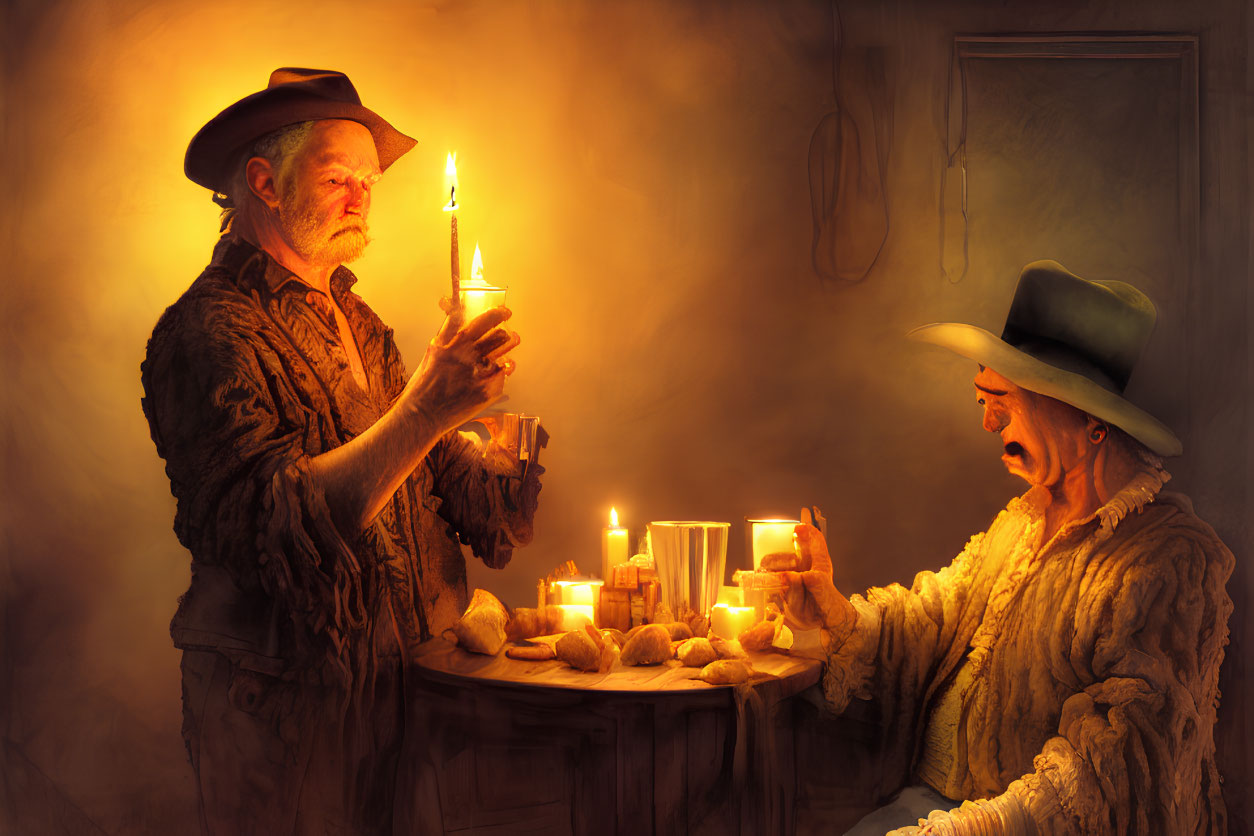 Two people in cowboy hats indoors by candlelight, one holding a candle, the other with a glass