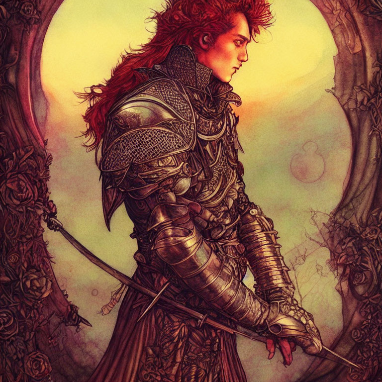 Fantasy warrior with red hair and ornate armor in eerie forest.