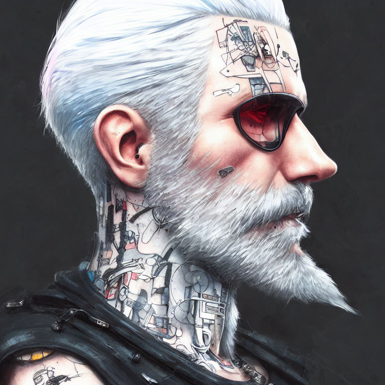 Man with White Hair, Beard, Tattoos, and Red Sunglass Lens