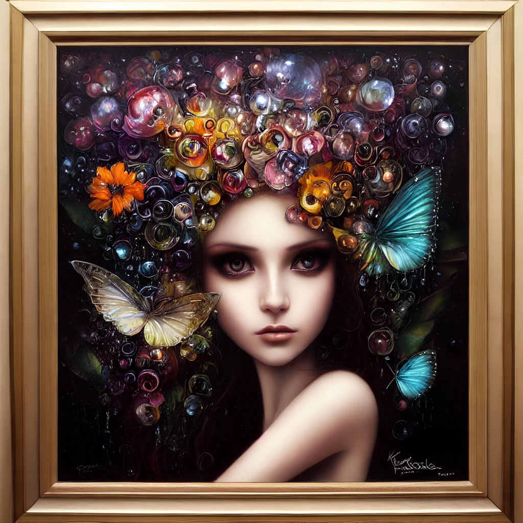 Colorful surreal portrait of woman with bubbles, flowers, and butterflies in wood frame