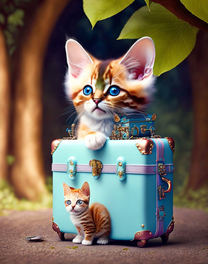 Digital Artwork: Oversized kitten with big blue eyes on luggage next to regular-sized kitten on pathway