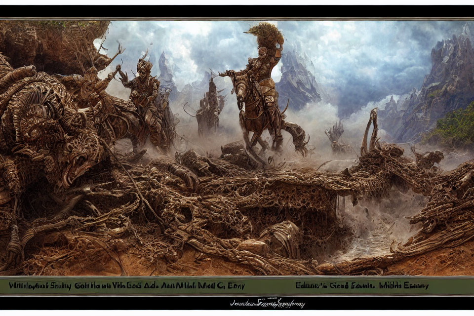 Fantasy battle scene: Skeleton warriors on horses in desolate landscape