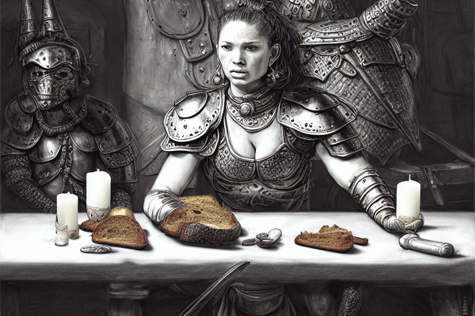 Detailed Armor Warrior Woman with Bread, Coins, and Candles at Table