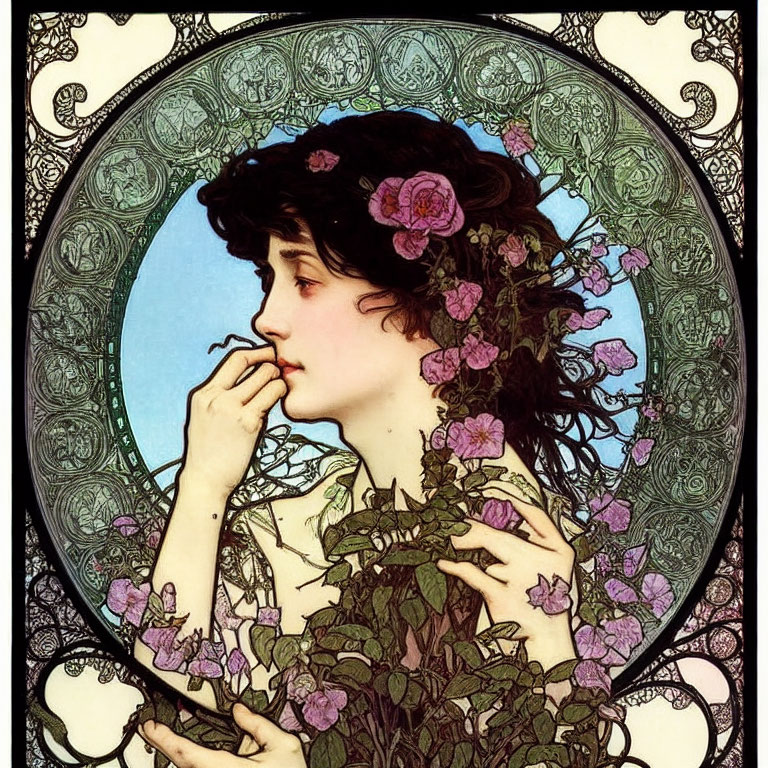 Vintage Art Nouveau Illustration of Woman with Dark Hair and Pink Flowers