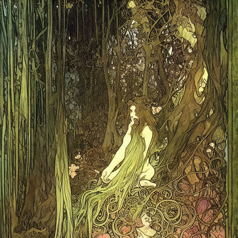 Art Nouveau Style Illustration of Woman in Whimsical Forest