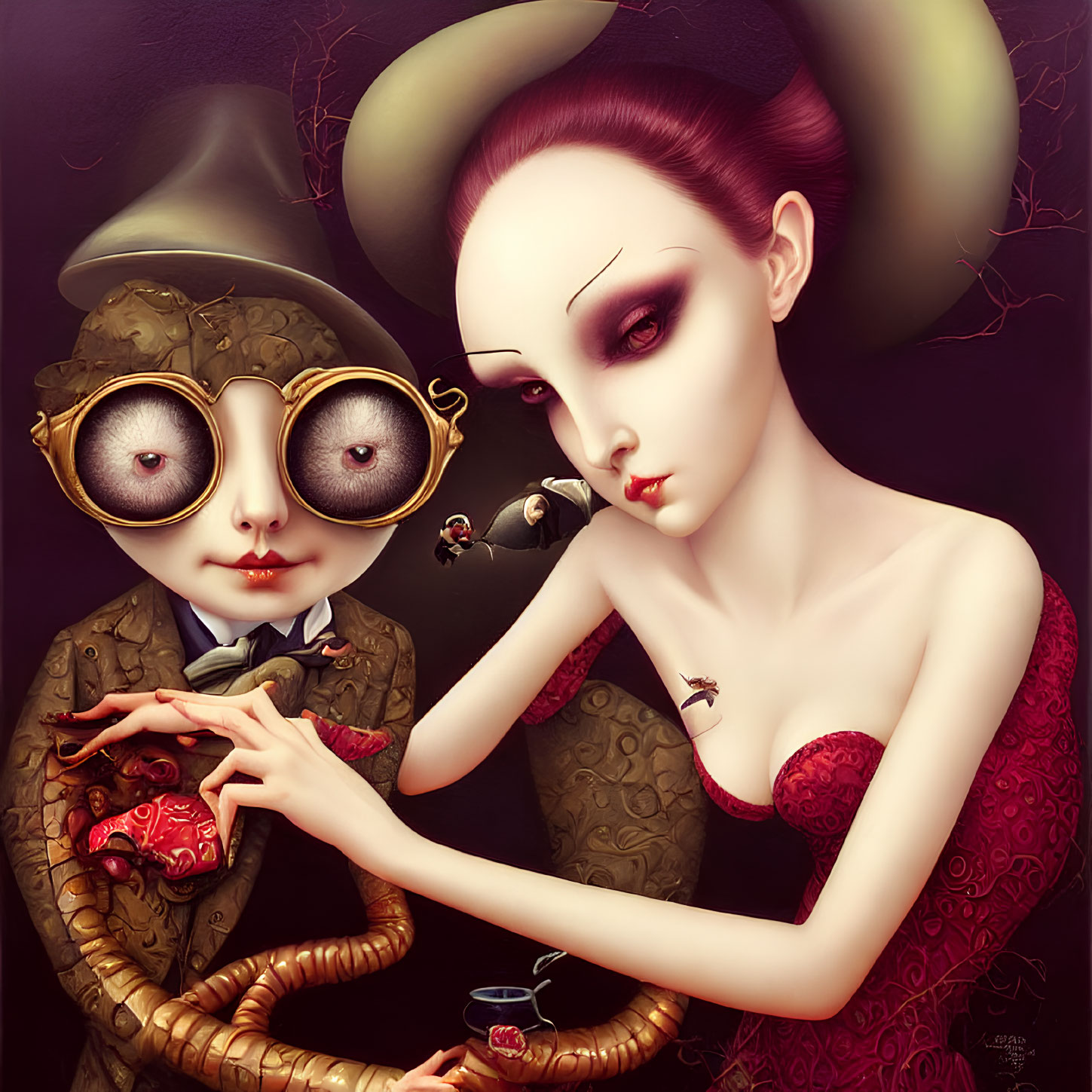 Surreal portrait featuring stylized figures with unique characteristics