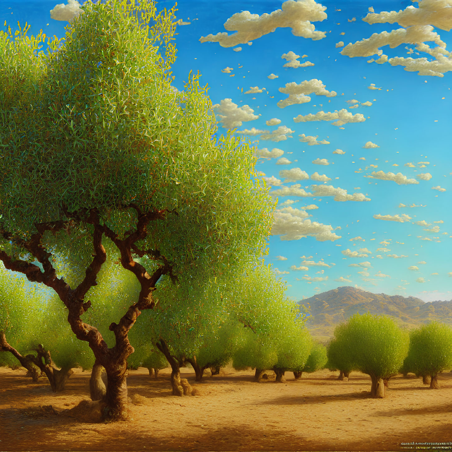 Lush Green Orchard Under Blue Sky and Mountains