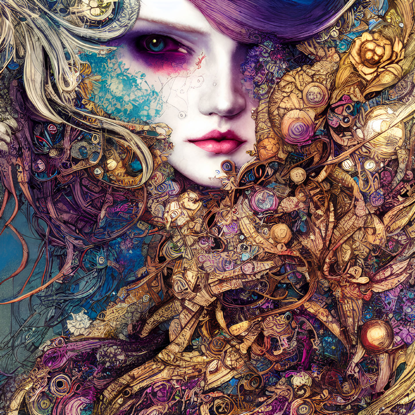 Detailed Illustration of Person with Purple Eyes Surrounded by Golden Patterns and Flowers