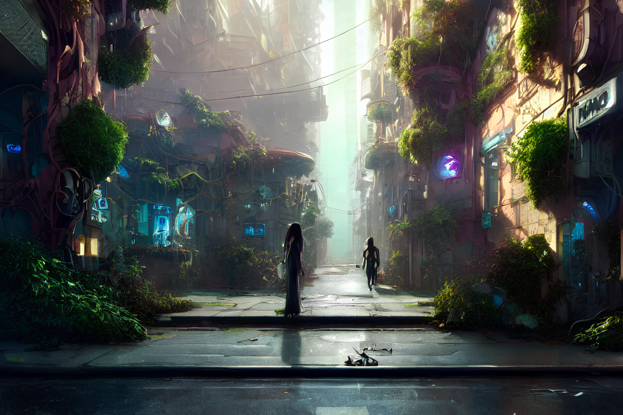 Silhouetted figures in futuristic overgrown city street with neon signs